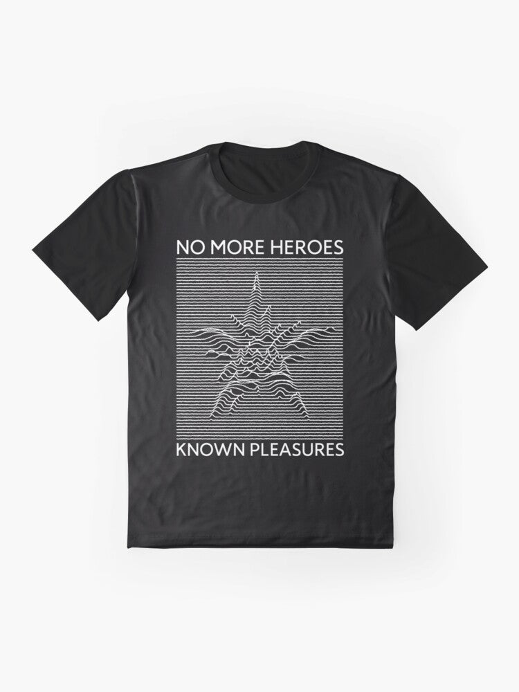 No More Heroes graphic t-shirt featuring the "Known Pleasures" design in black and white - Flat lay