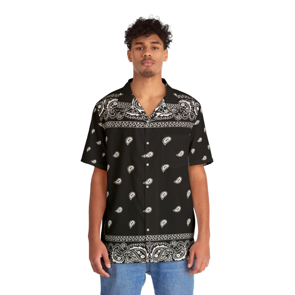 Bandana print black Hawaiian shirt with urban and cowboy inspired design - People Front