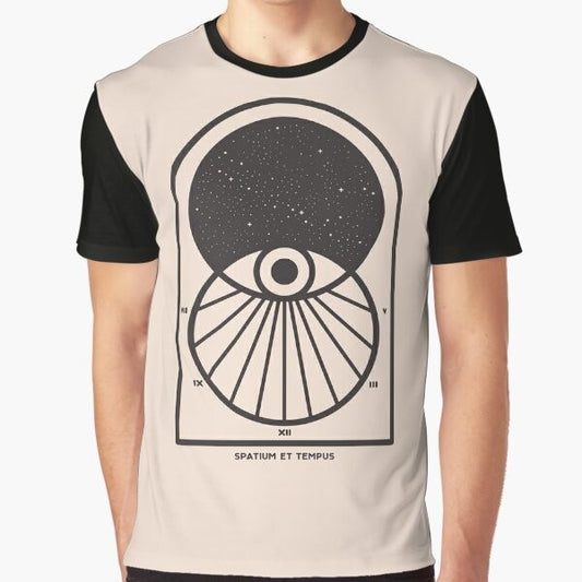 Space and Time Minimalist Graphic T-Shirt featuring a Venn diagram design with the sun, stars, and cosmic elements