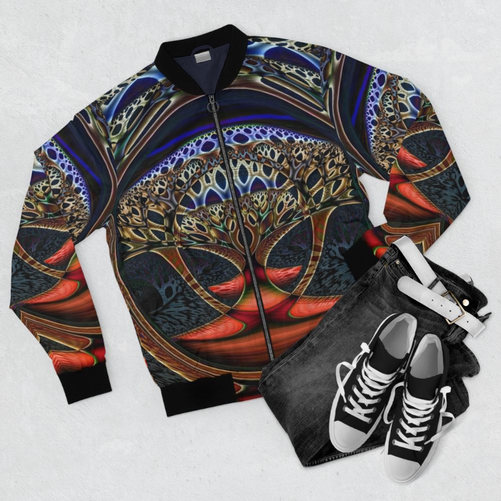 Colorful fractal abstract design on a bomber jacket - Flat lay