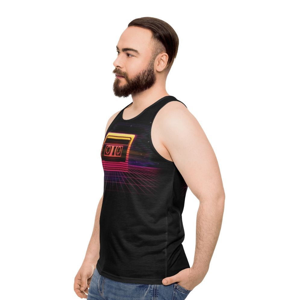 Retro neon sunset cassette tape graphic unisex tank top - men side