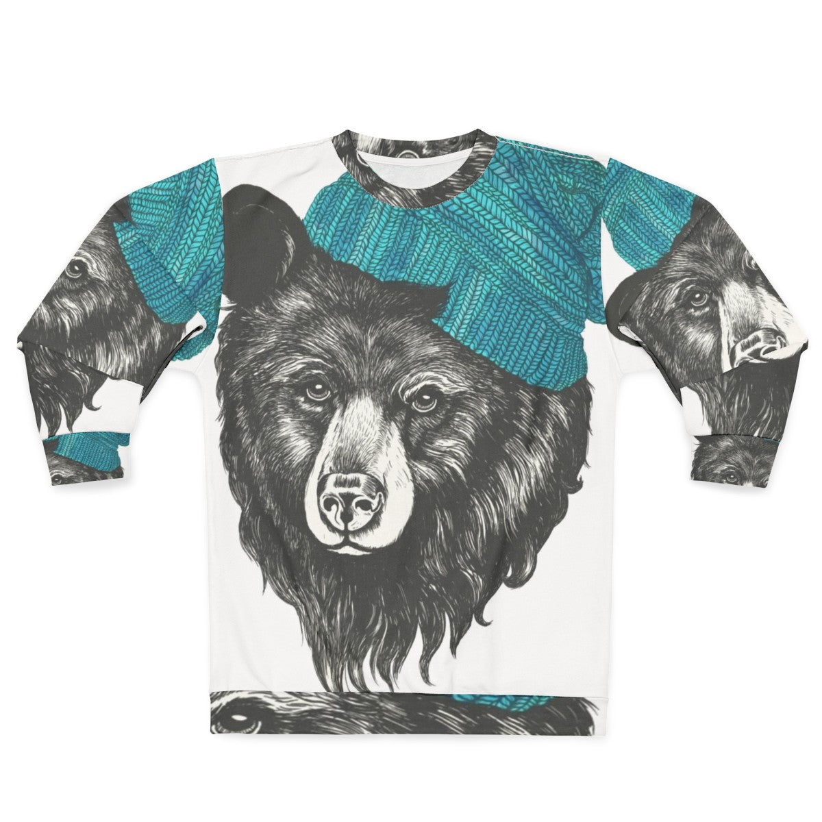 Zissou the Bear in a blue animal print sweatshirt