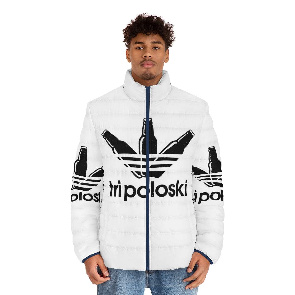 Tri Poloski Puffer Jacket featuring Slavic design and iconic three stripes - men front