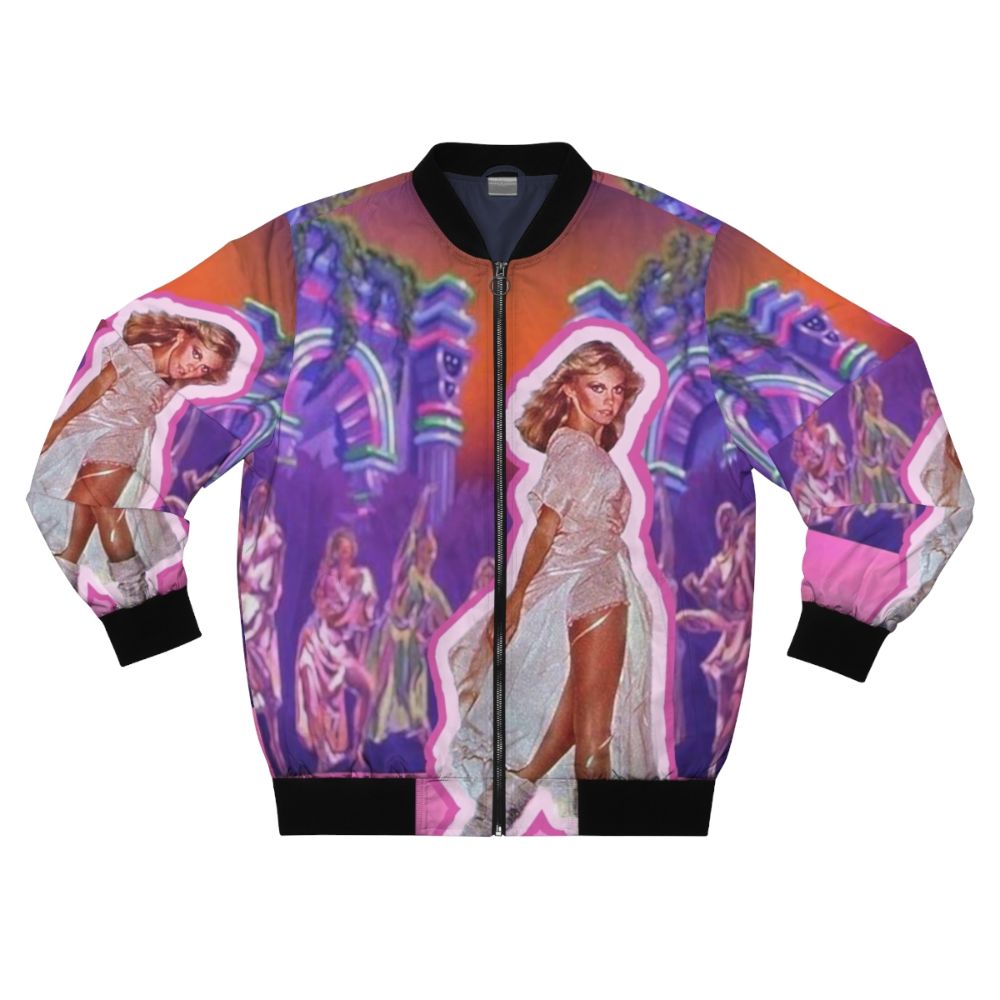 Vibrant bomber jacket featuring a retro Xanadu-inspired design with roller skating muses