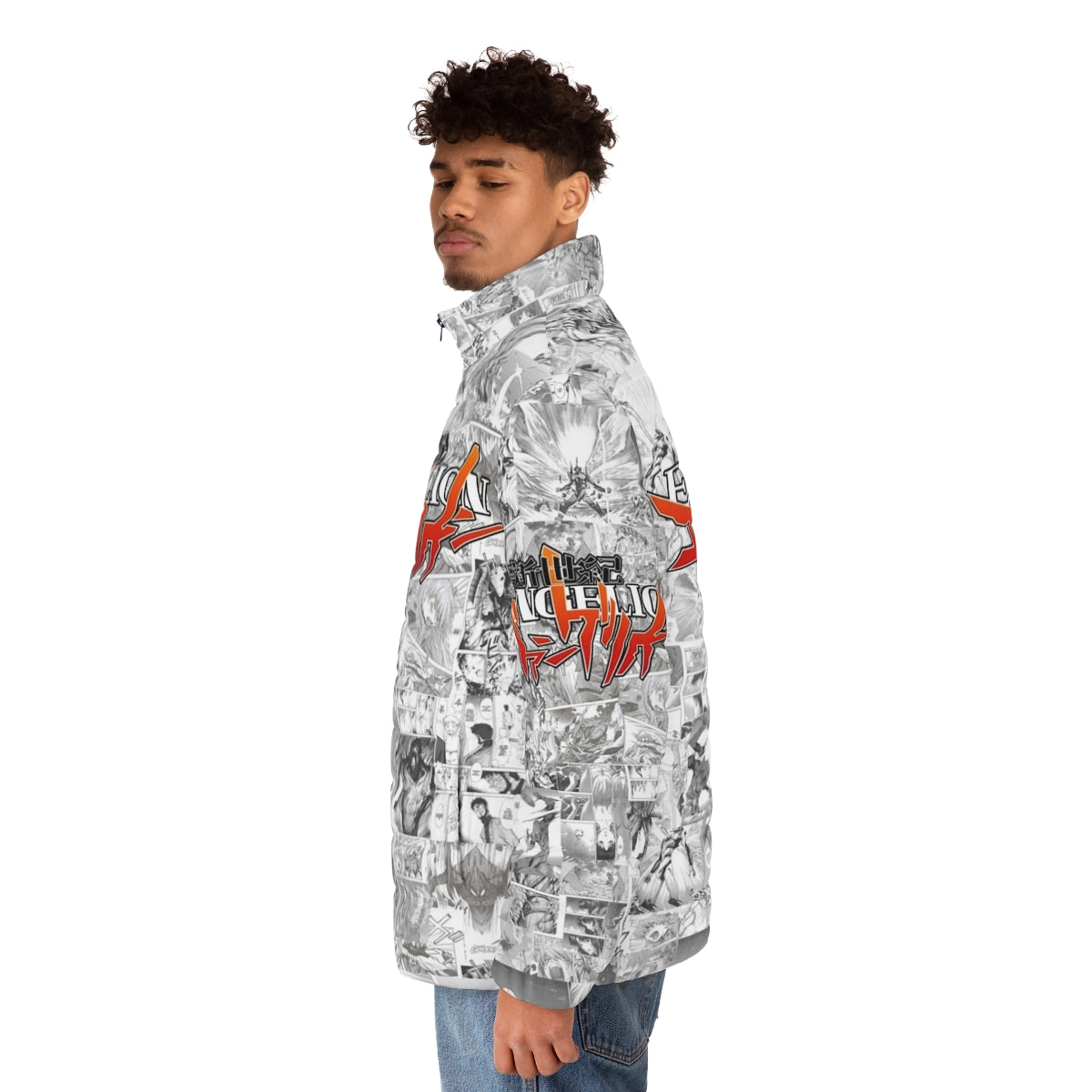 Evangelion puffer jacket featuring iconic mecha anime characters - men side left