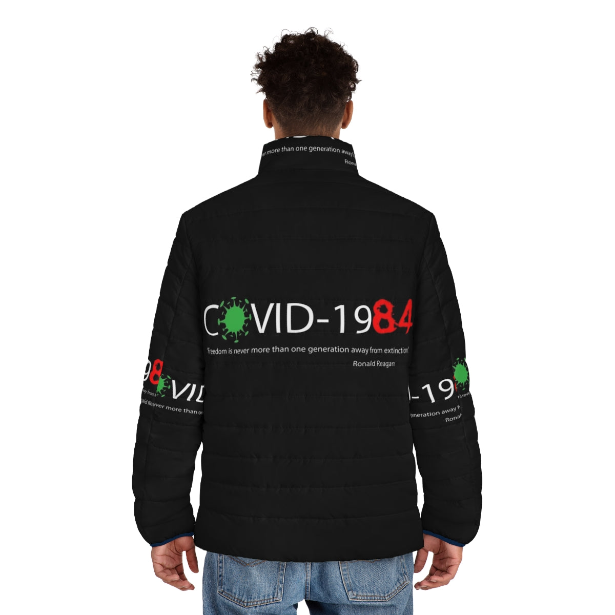 Covid 1984 Wisdom Quote Puffer Jacket - Orwell Dystopia Coronavirus Fashion - men back