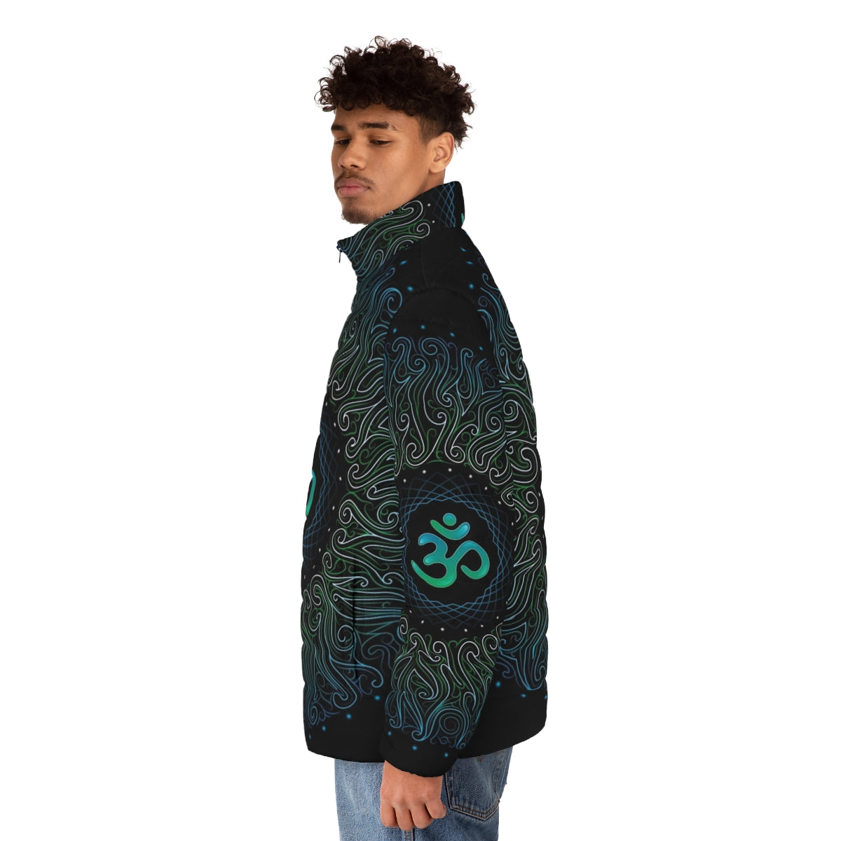 Pranava Yoga Shanti Om Mandala Puffer Jacket featuring spiritual, psychedelic, and visionary art design - men side left