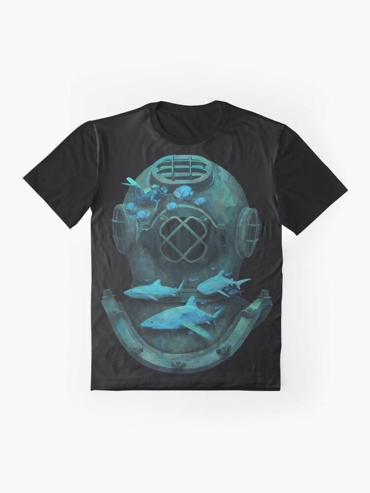 A graphic t-shirt design featuring a whimsical underwater scene with a diver, sharks, and marine life - Flat lay