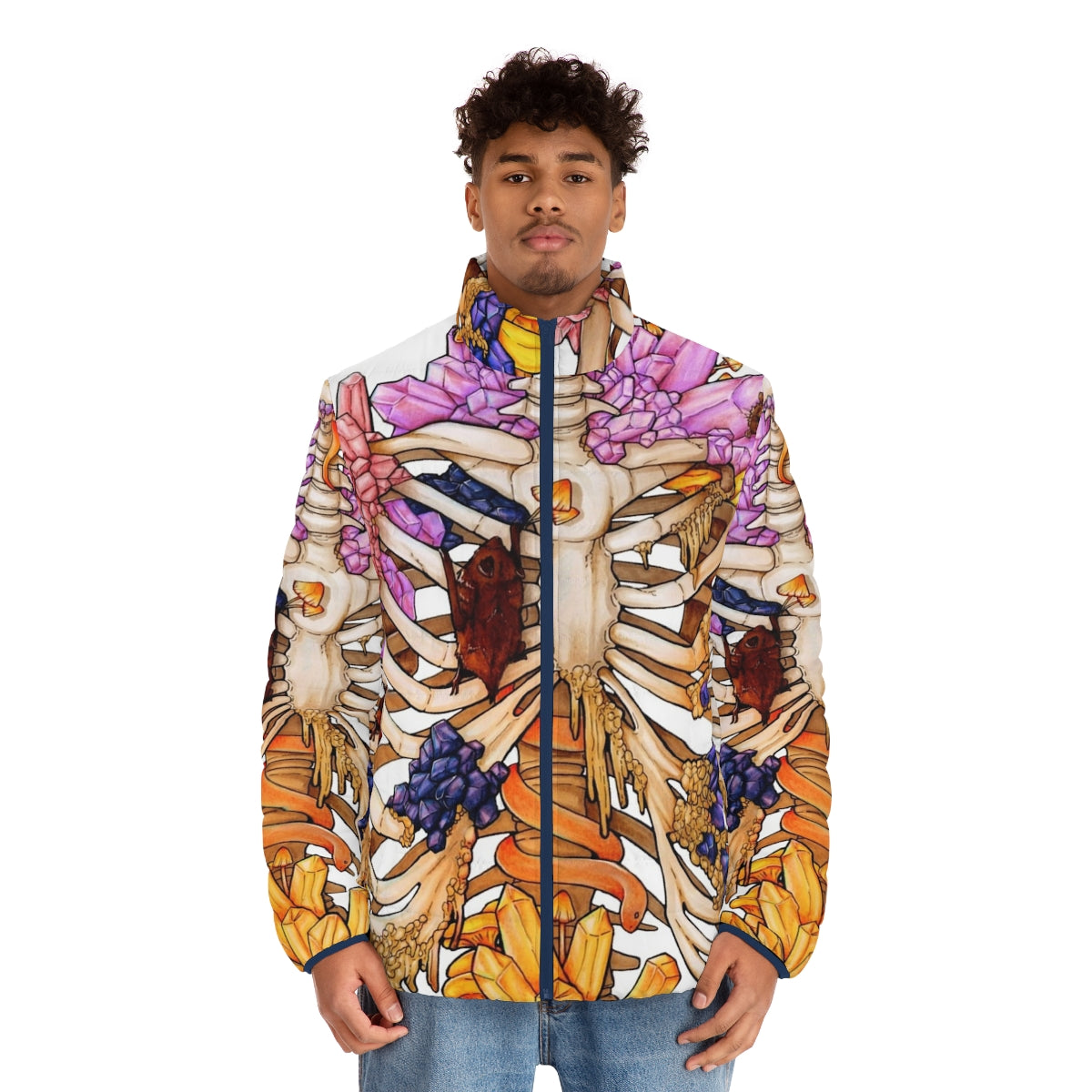 Hidden Gem Puffer Jacket featuring a skeleton design with colorful gems and crystals - men front