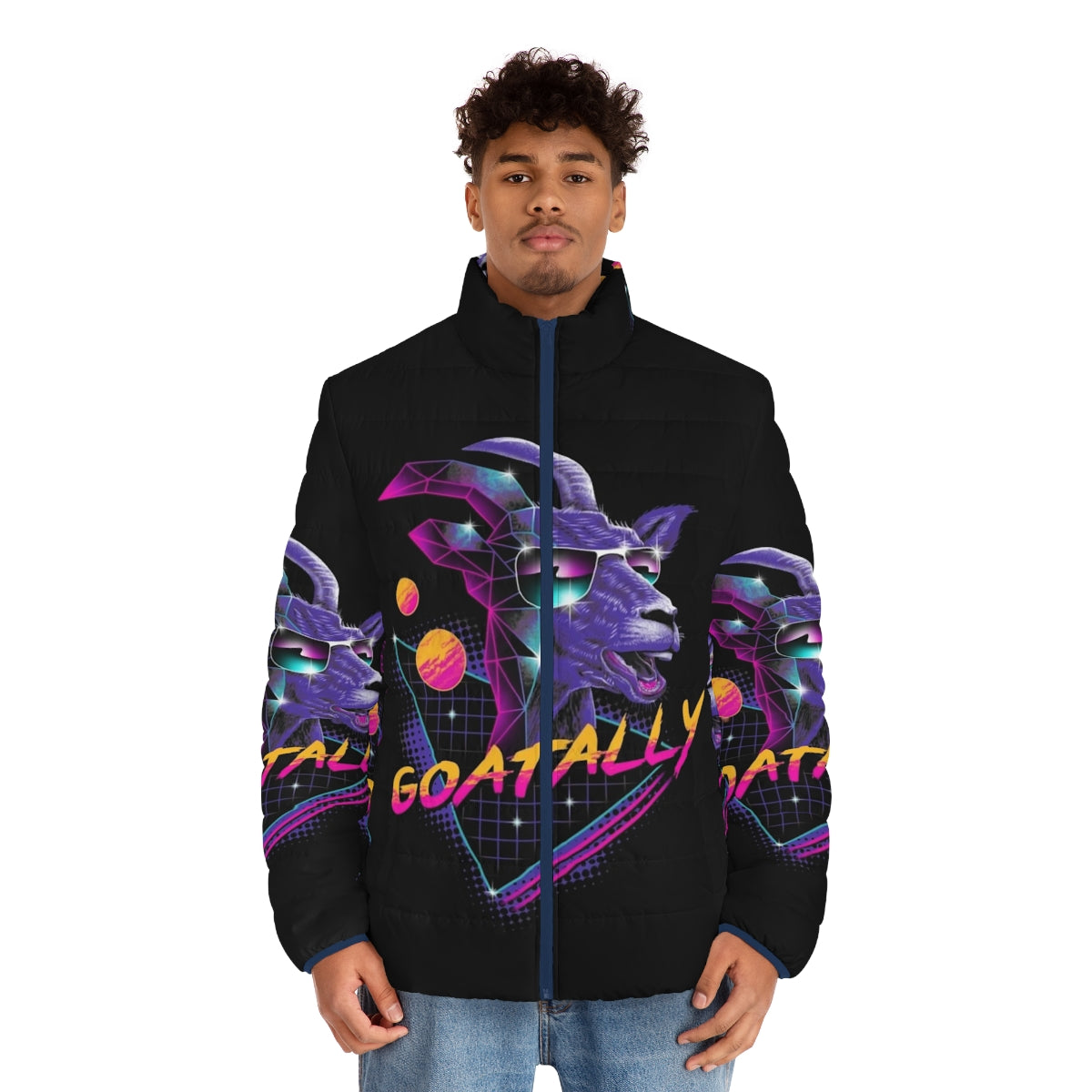 Goatally Puffer Jacket - A neon retro puffer jacket featuring a goat graphic for the ultimate synthwave style - men front