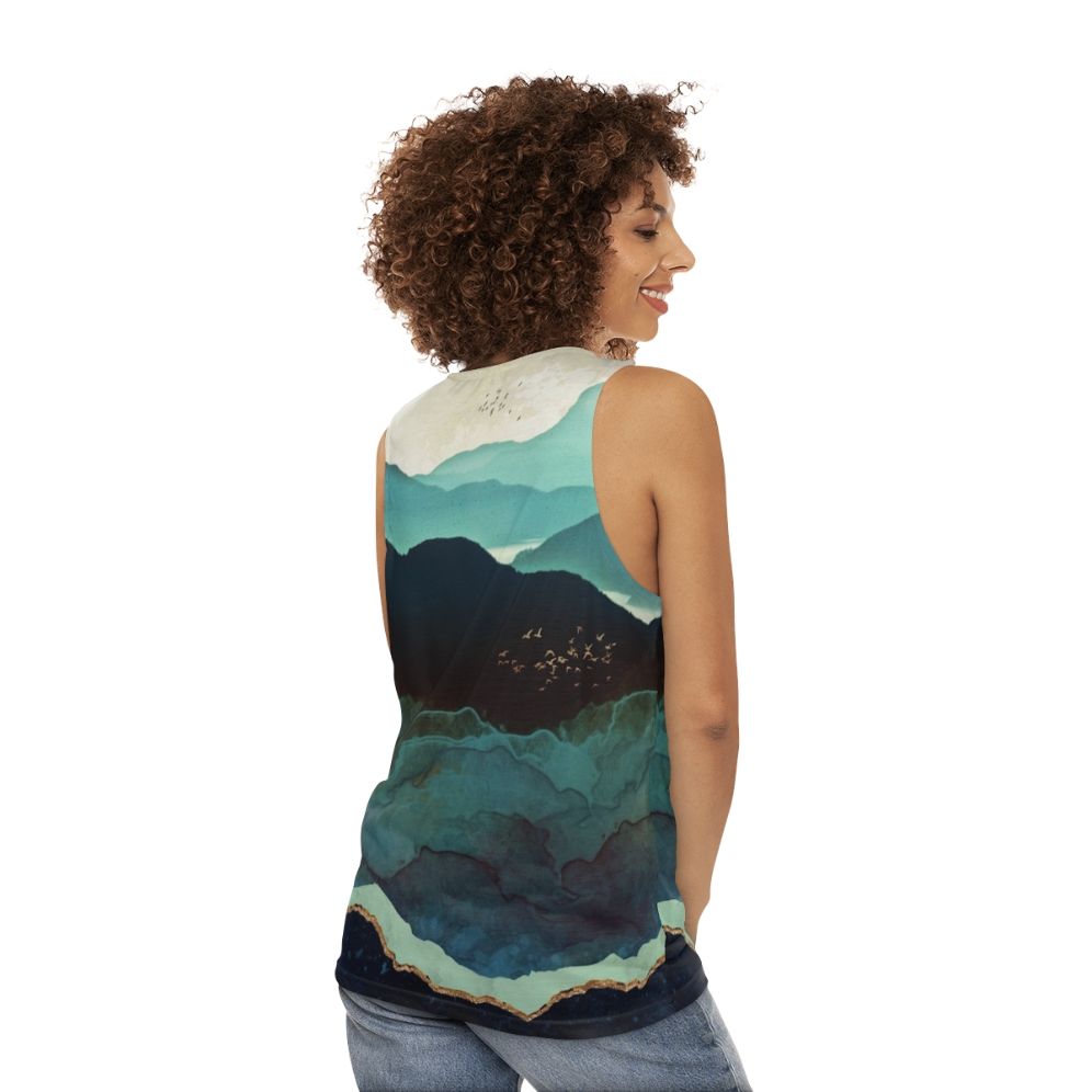 Unisex watercolor tank top with mountain landscape design - women back