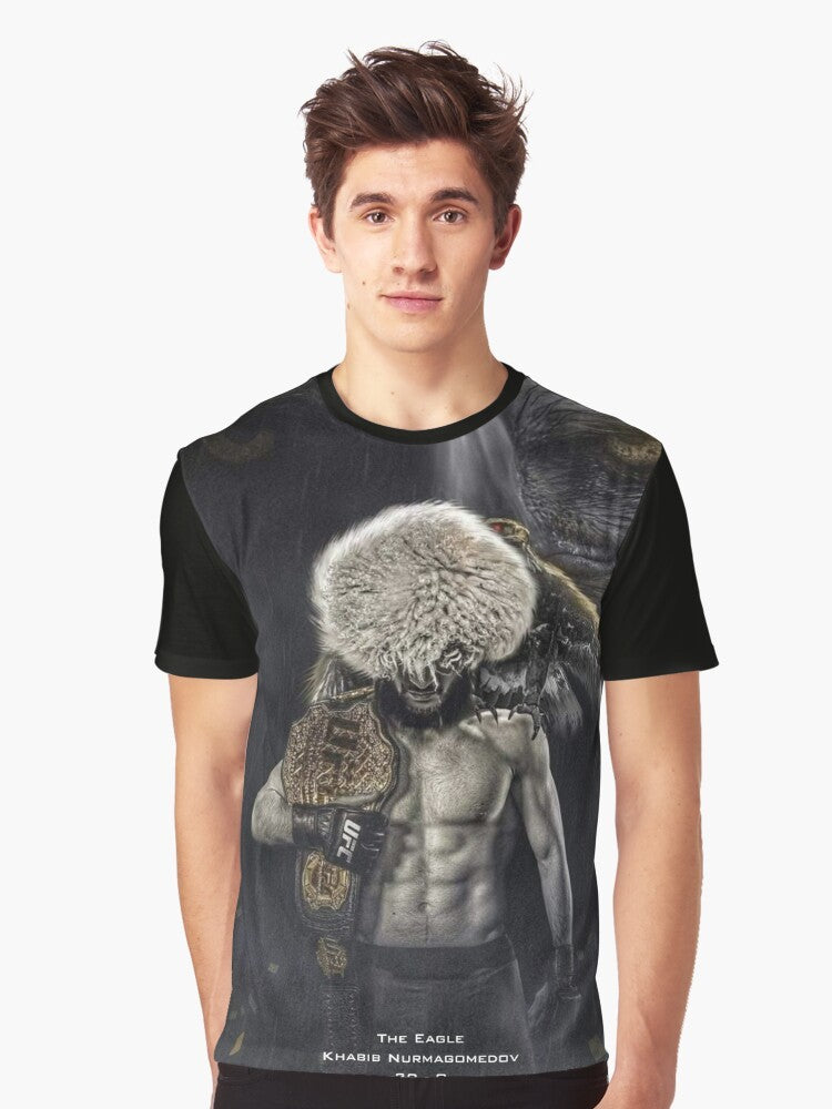 Khabib Nurmagomedov, the undefeated UFC lightweight champion and GOAT, featured on a graphic t-shirt design. - Men