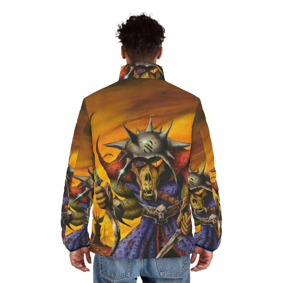 'No Means of Escape' heavy metal puffer jacket with gothic fantasy villain design featuring fire, orange, snakes, skulls, and bats - men back