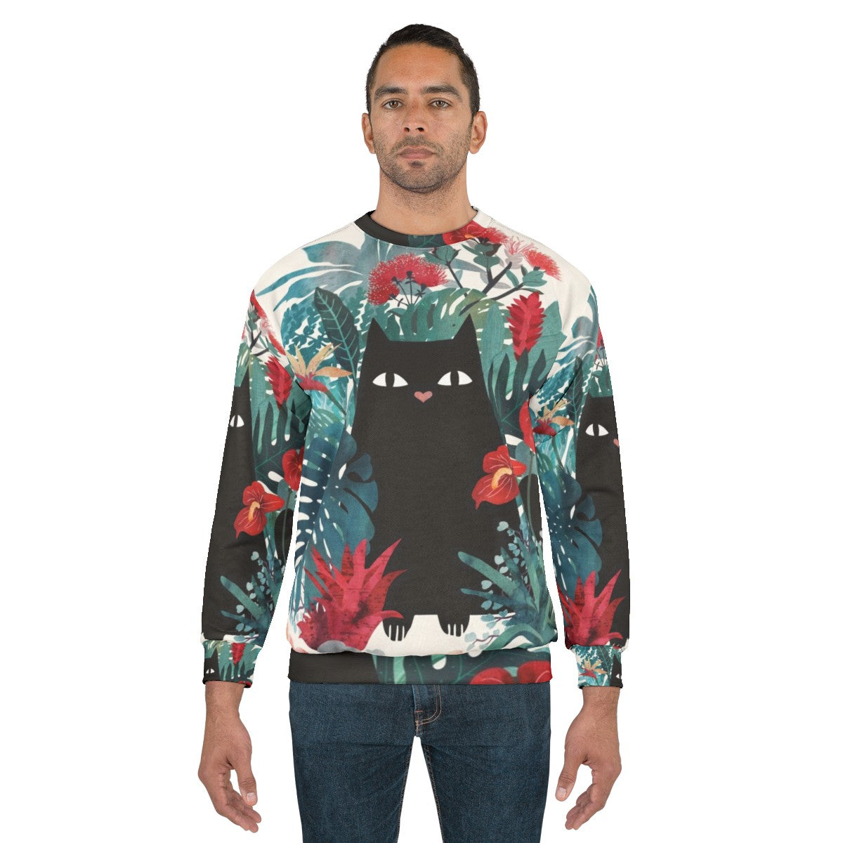 Popoki Black Cat Sweatshirt with Tropical Floral Print - men