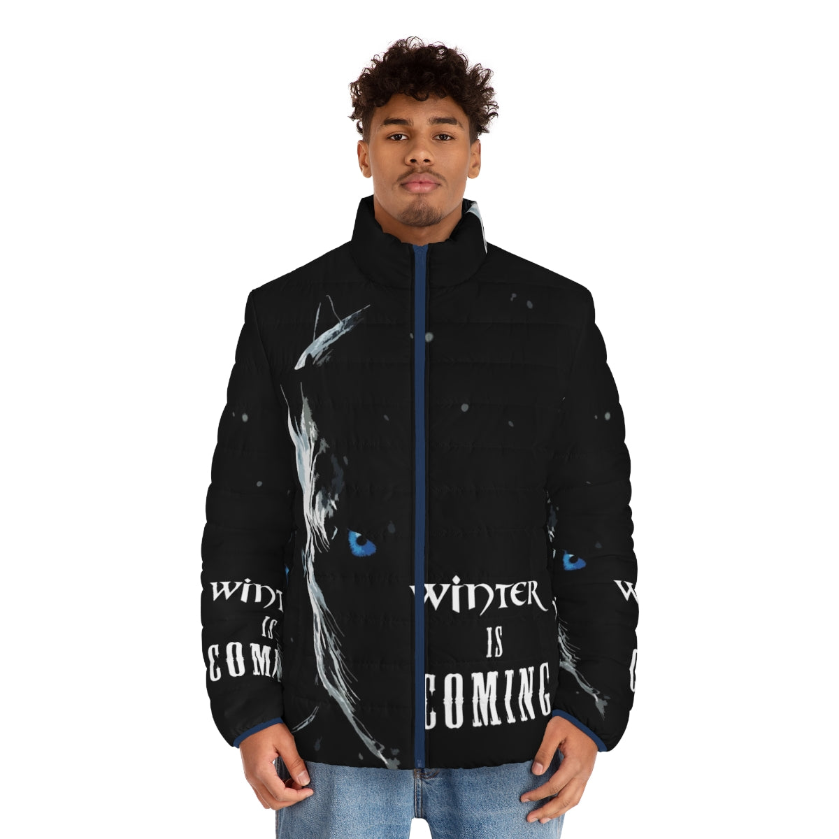 A warm and cozy puffer jacket with a "Winter Is Coming" design - men front