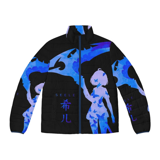 Blue puffer jacket with anime-style butterflies