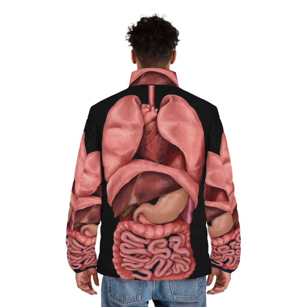 Puffer jacket with printed internal organs and human anatomy in watercolor style - men back