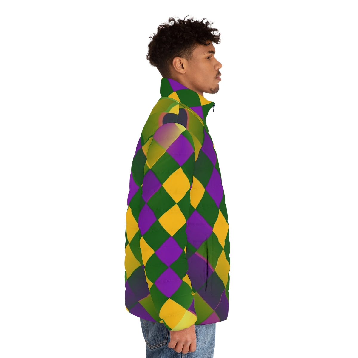 Mardi Gras puffer jacket with a colorful graphic design pattern - men side right