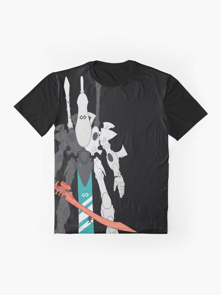 Eldar Wraithlord graphic on a black t-shirt, featuring Craftworld Ulthwe design - Flat lay