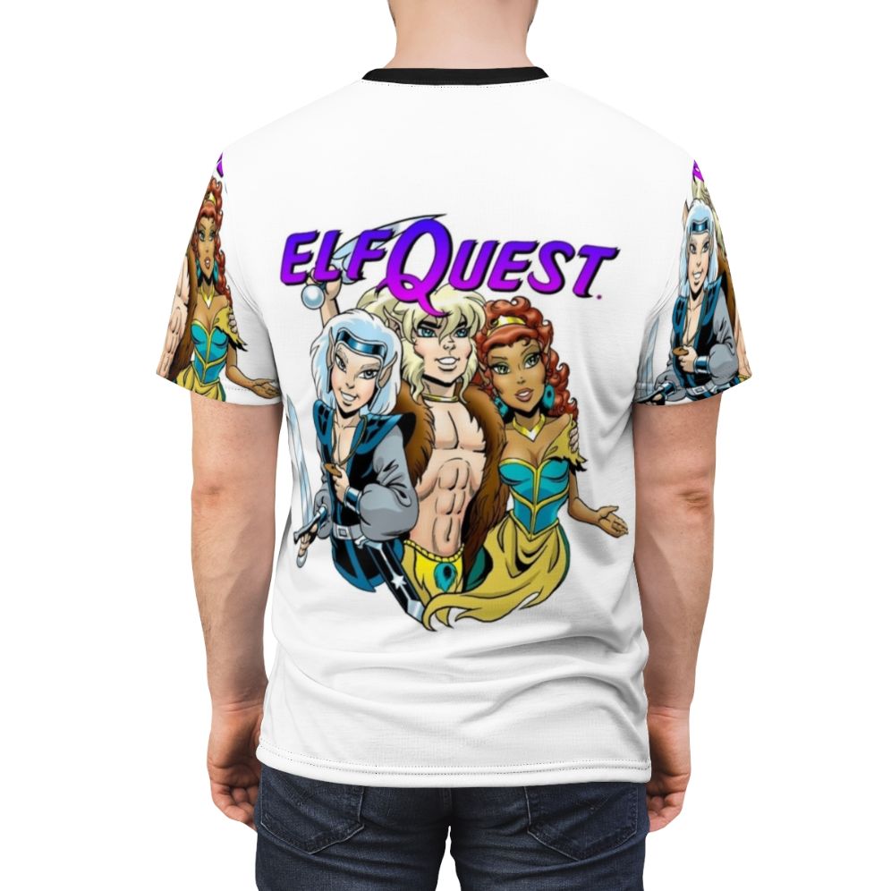 Elfquest-inspired fantasy art t-shirt featuring a trio of elves with wolves - men back