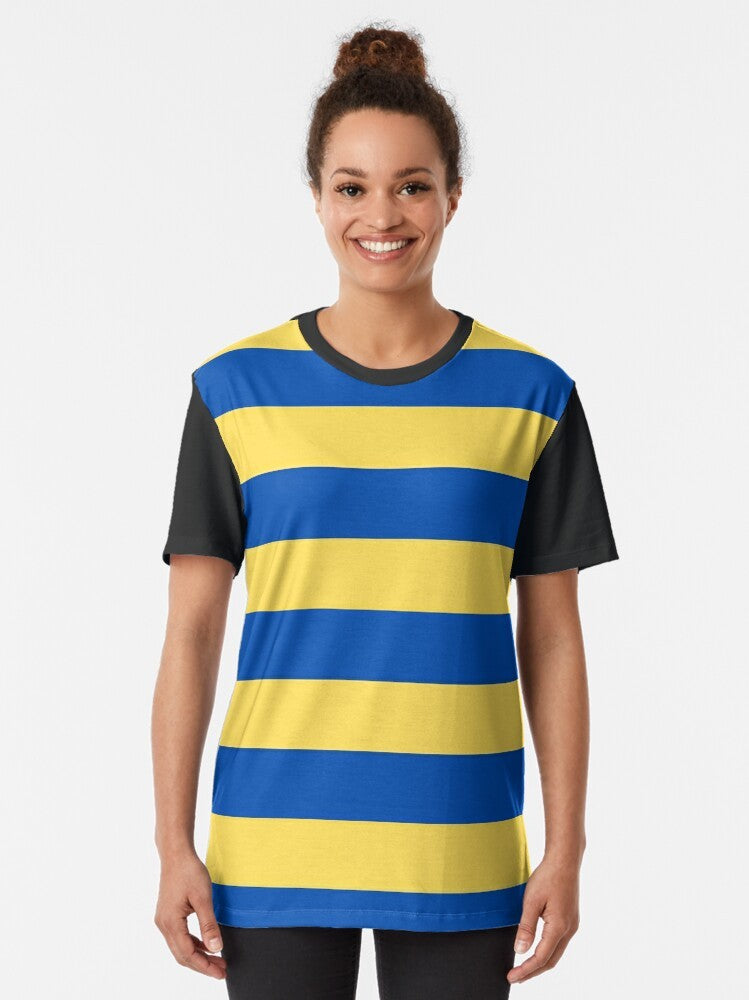 Blue and yellow striped graphic t-shirt with horizontal stripes pattern - Women