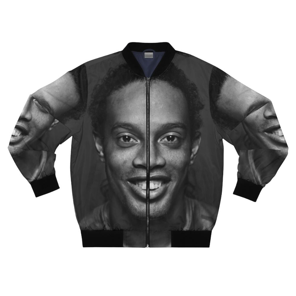 Illustration of soccer players Ronaldinho and Neymar on a bomber jacket