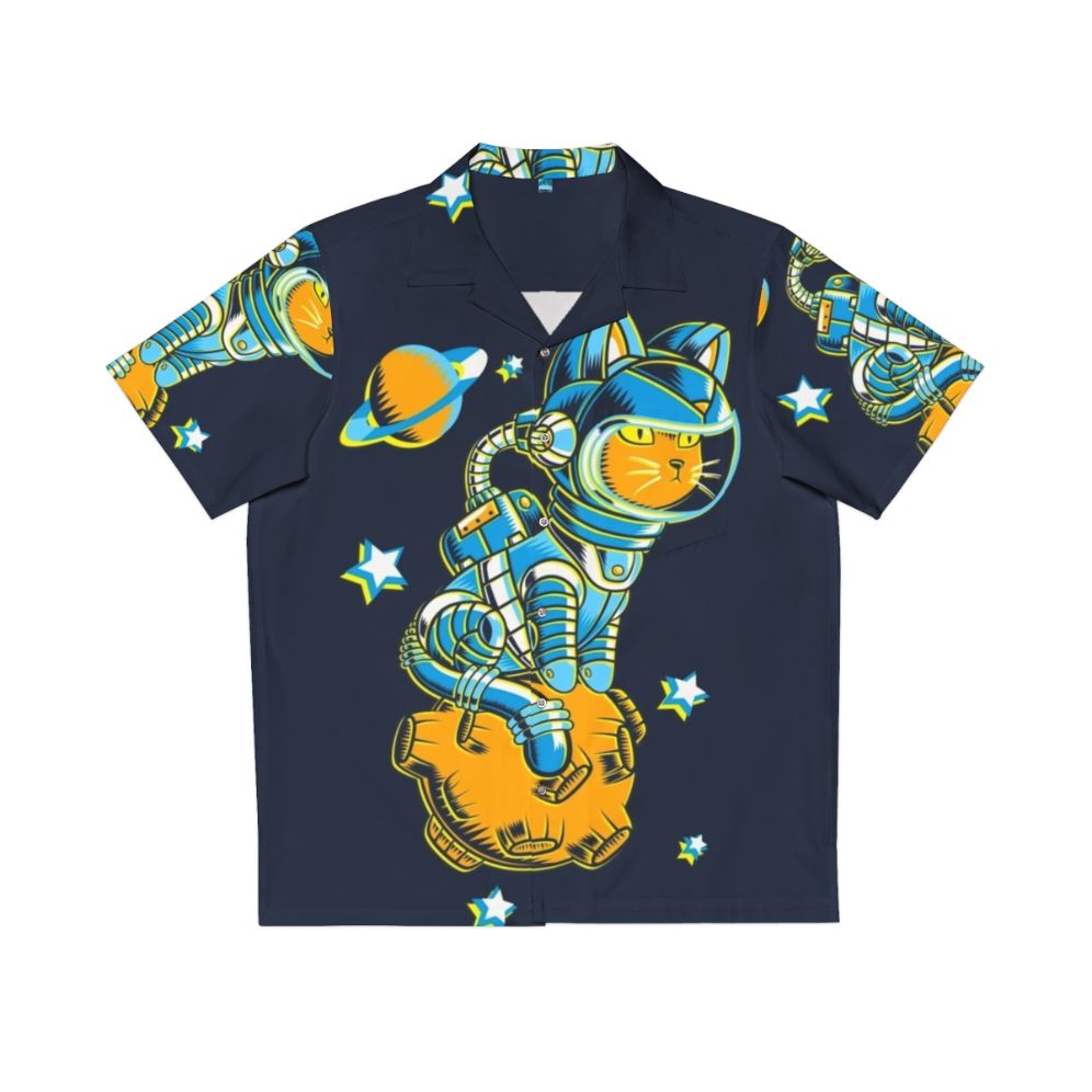 Cosmic Cat Hawaiian Shirt featuring a cute cat in a space-themed Hawaiian design