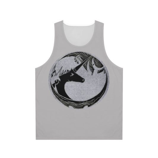 Unisex tank top with a vintage-inspired 1982 unicorn lino cut design