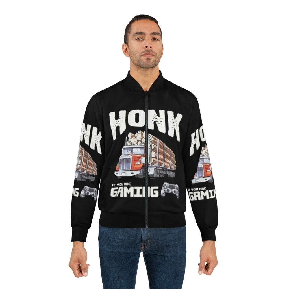 Bomber jacket with "HONK IF YOU ARE GAMING" (Trucker Gamer) design for gamers and fans of ColdOnes, MaxMoeFoe, Anything4Views - Lifestyle