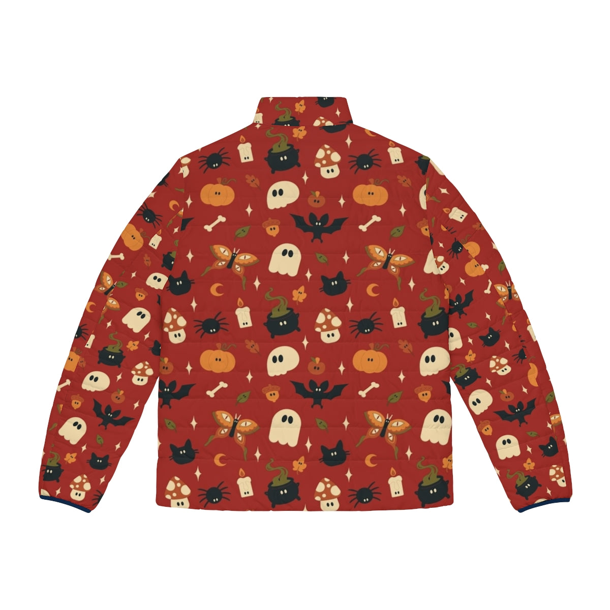 Spooky fall puffer jacket with pumpkin, mushroom, and spider designs - Back