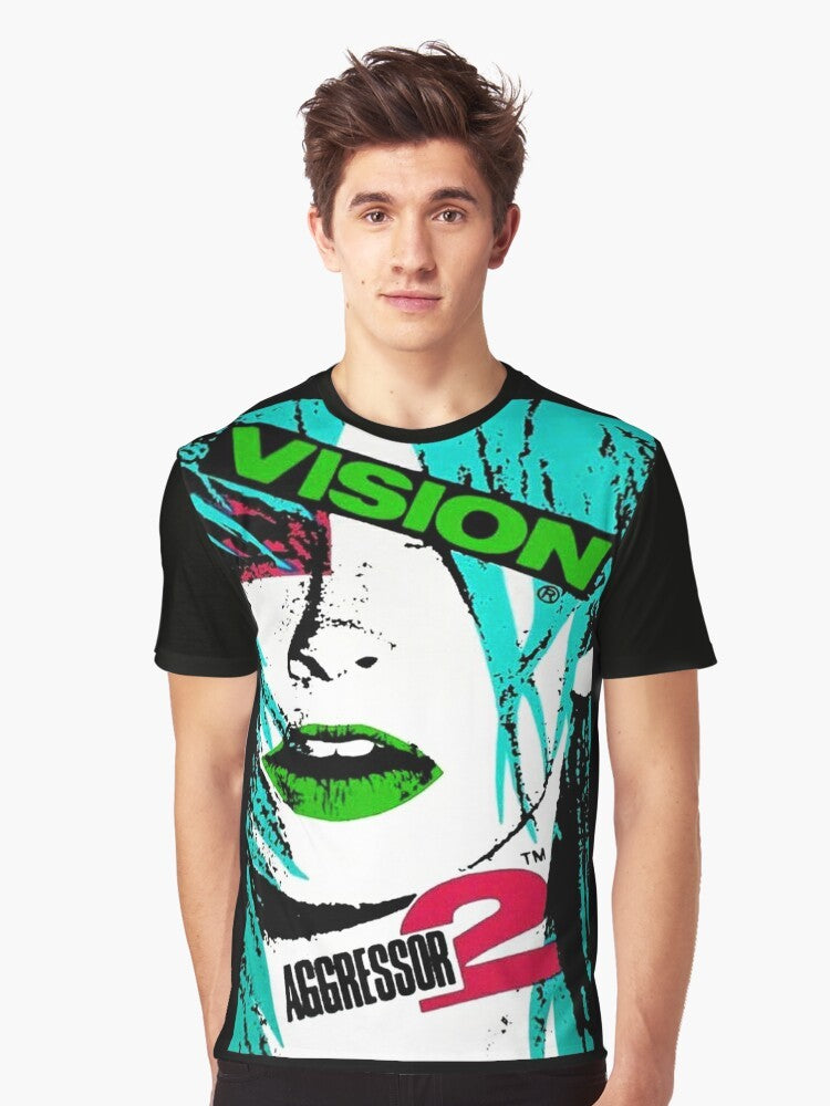 Vision Skateboards Aggressor 2 Graphic T-Shirt featuring a retro 80s skateboard design - Men