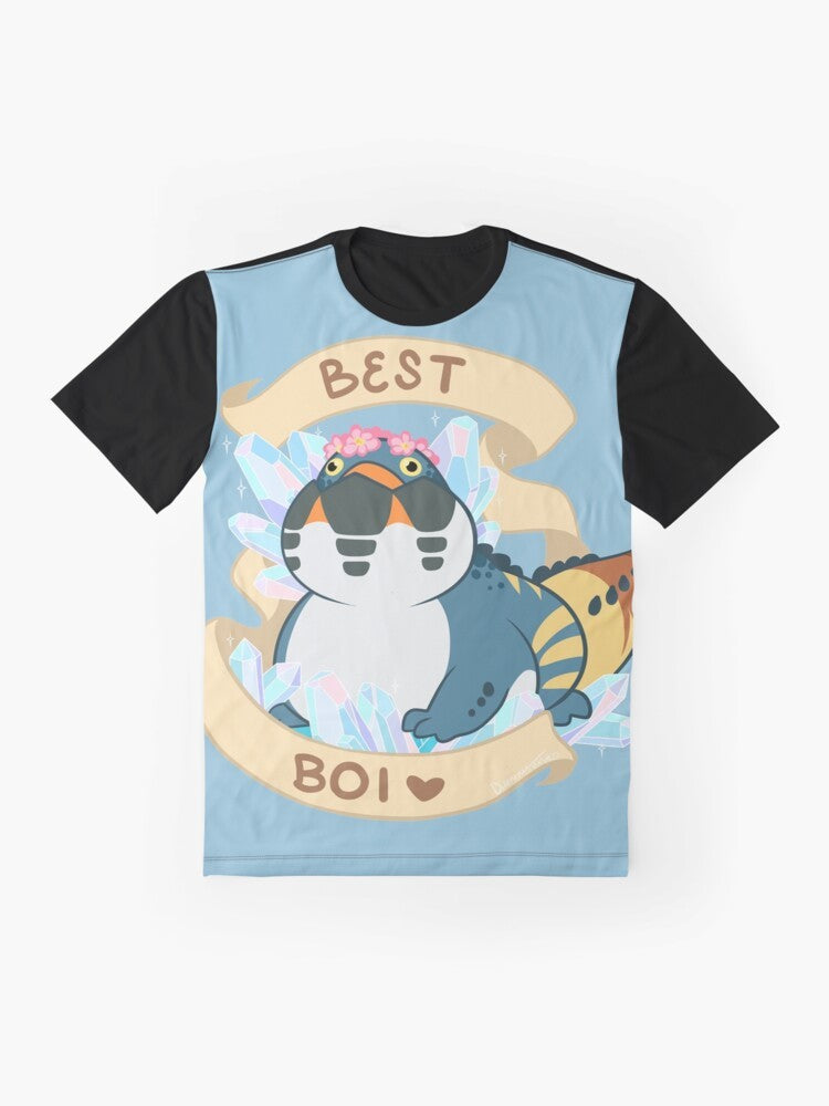 Adorable chibi illustration of Dodogama, the "Best Boi" from Monster Hunter World, on a graphic t-shirt design. - Flat lay