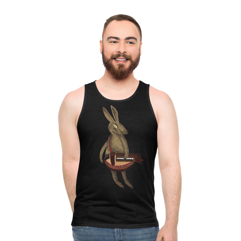 Hare playing hurdy gurdy music instrument on unisex tank top - men