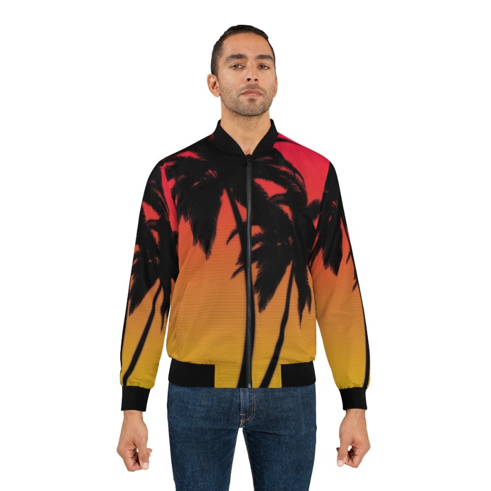 Retro synthwave-inspired bomber jacket with a vibrant Miami sunset design - Lifestyle