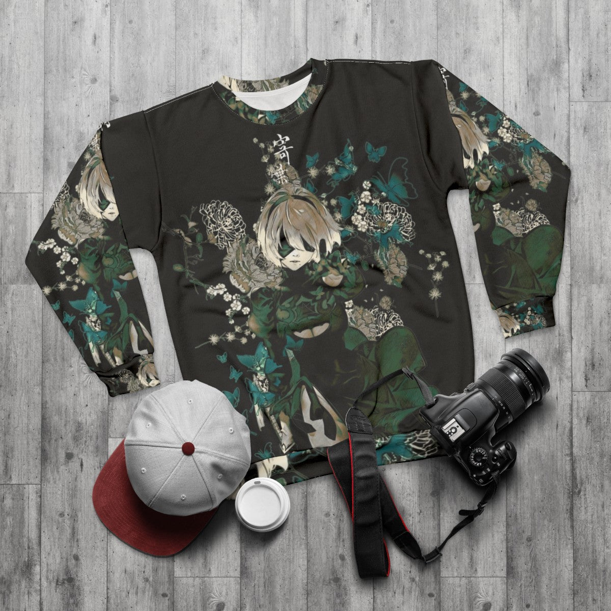 Butterflies and floral fantasy design on a sweatshirt - flat lay