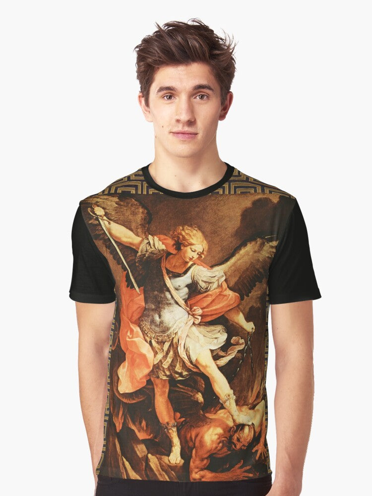 Vintage illustration of St. Michael the Archangel battling the devil, with a vibrant religious and spiritual design. - Men