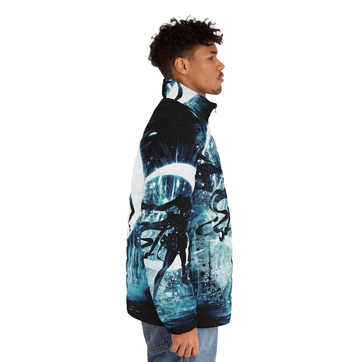 Lunar-themed puffer jacket with moon and celestial design - men side right