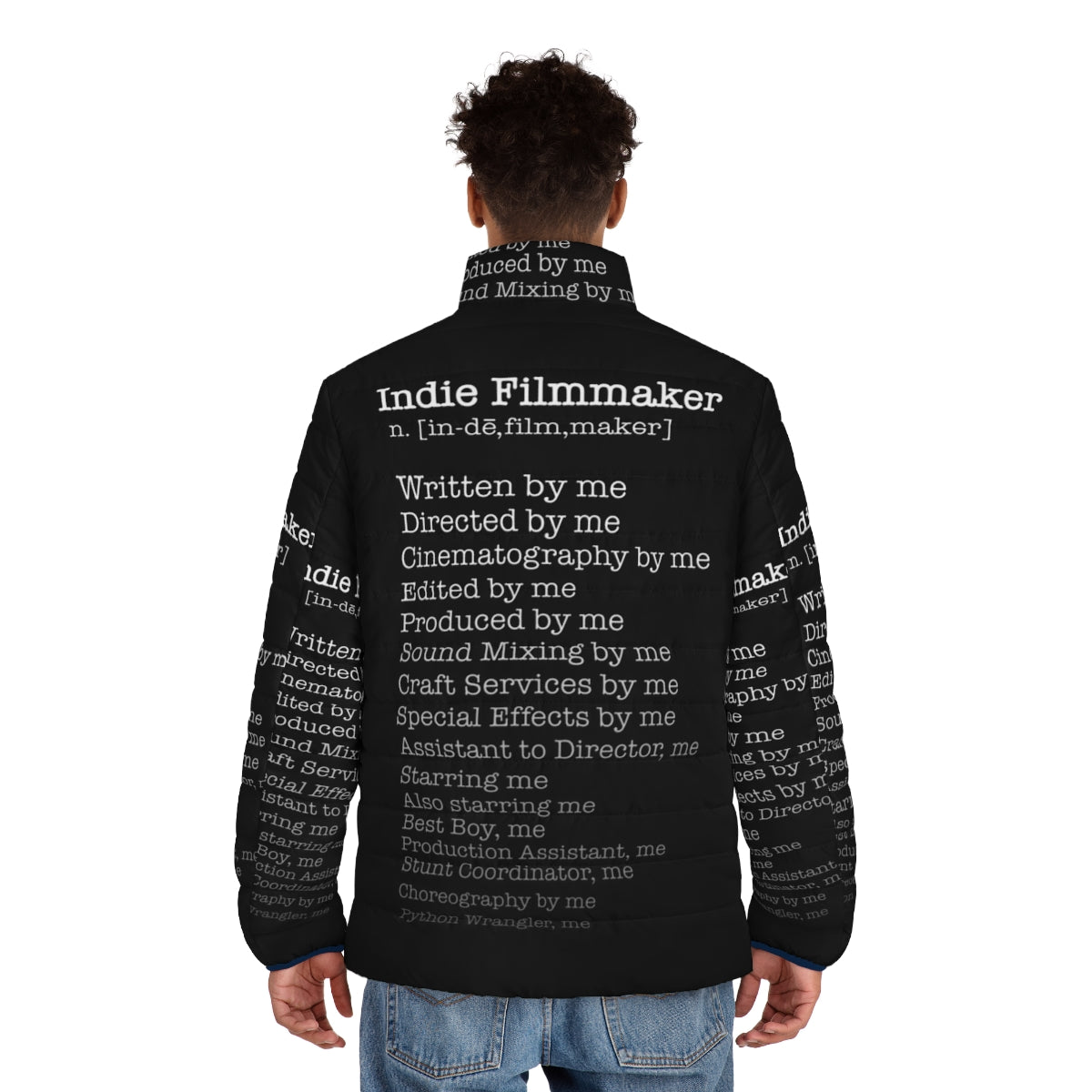 Indie filmmaker wearing a stylish puffer jacket for movie production - men back