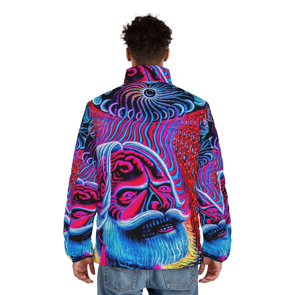 Psychedelic rock puffer jacket featuring Alex Grey's iconic artwork - men back