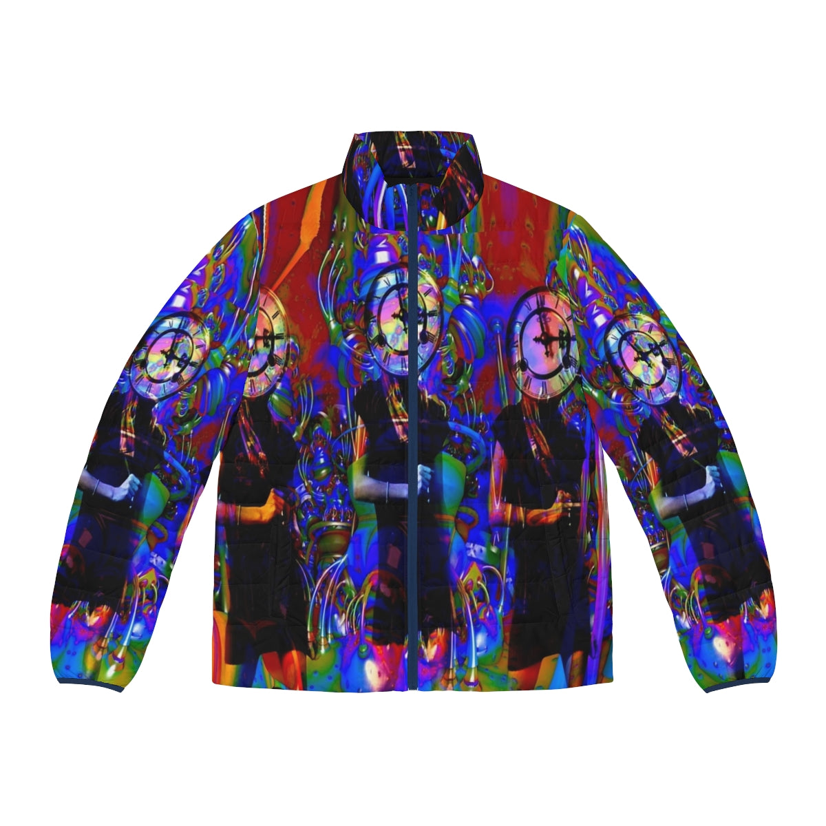 Colorful and abstract clockwork puffer jacket