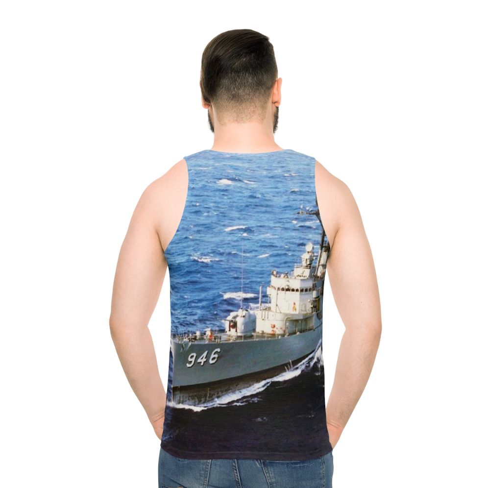 Unisex Navy Tank Top with USS Edson DD 946 Design - men back