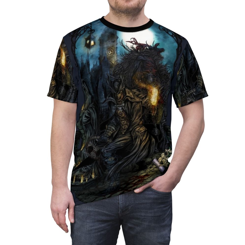 Bloodborne-inspired hunter t-shirt featuring a dark, atmospheric design - men front