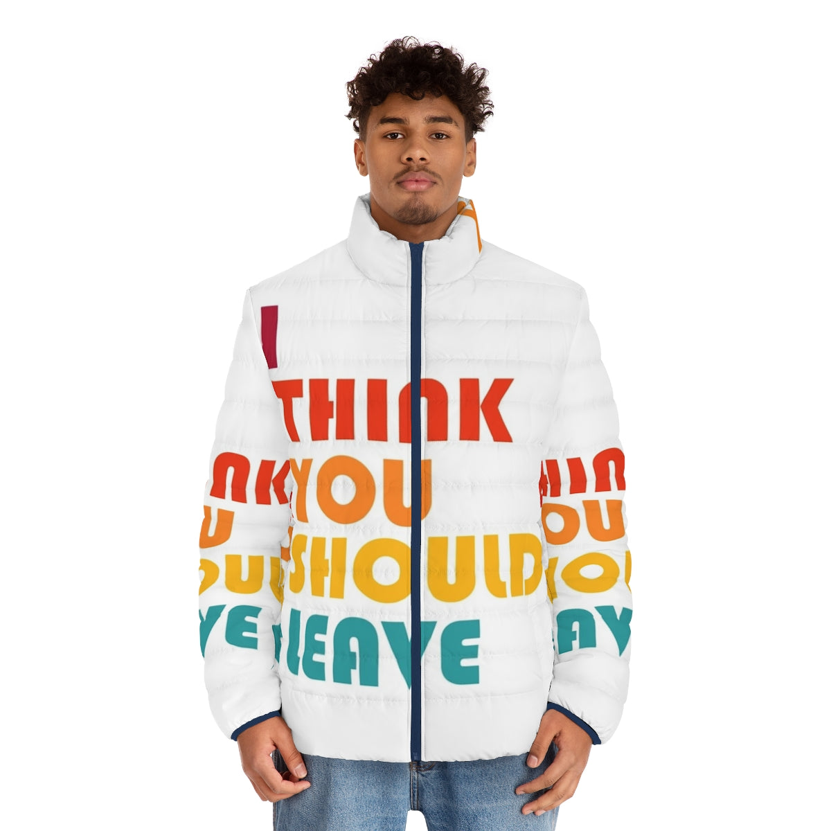 Retro-style "I Think You Should Leave" puffer jacket featuring graphic design inspired by the popular Netflix sketch comedy series - men front