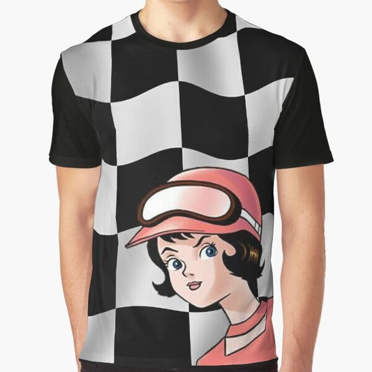 Speed Racer graphic t-shirt with checkered flag design, featuring the Mach 5 car and characters from the anime series.