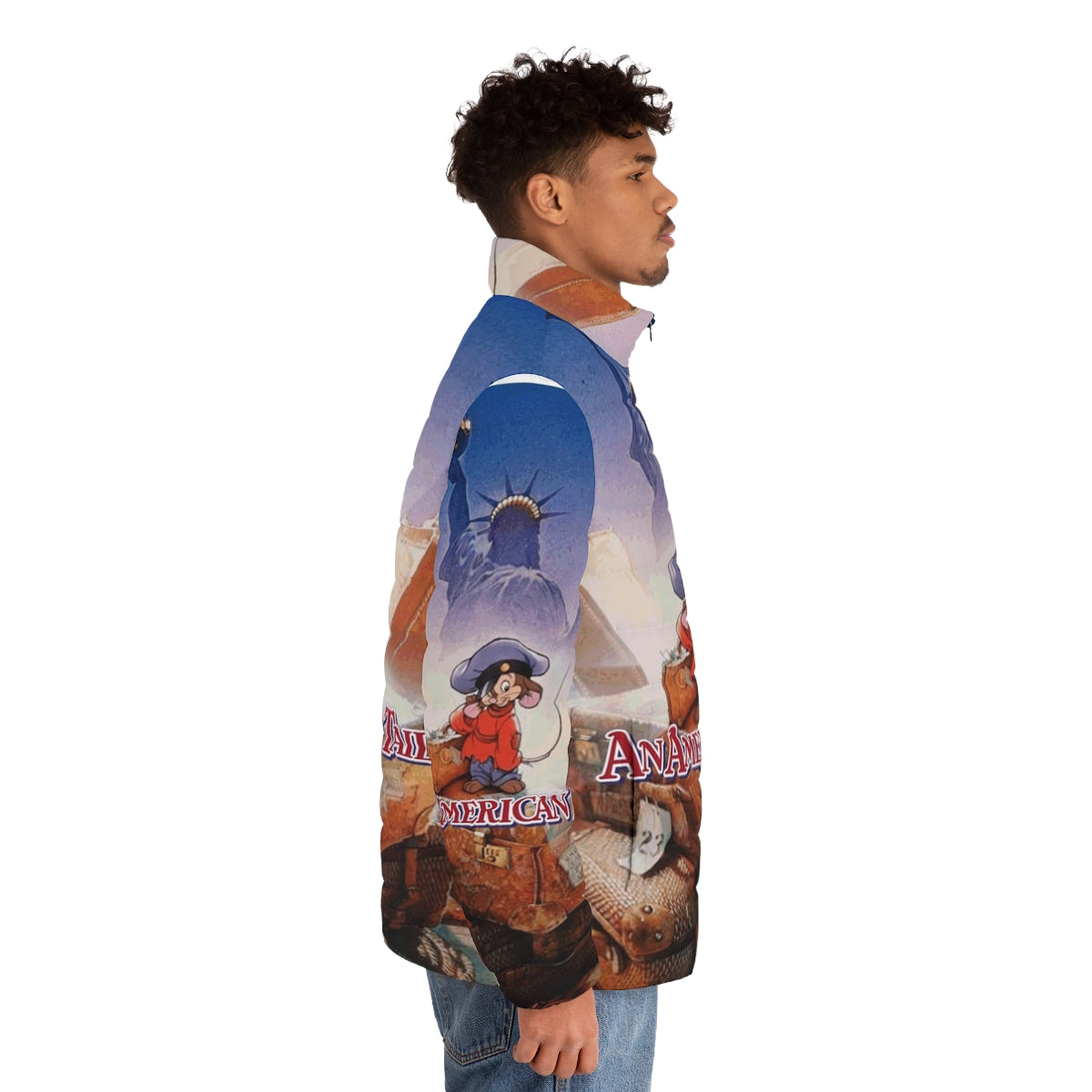 Drew Struzan inspired An American Tail puffer jacket featuring Fievel and the Statue of Liberty - men side right