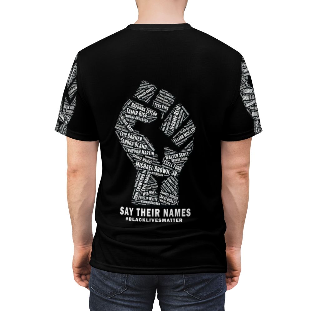 Black Lives Matter inspired t-shirt design with protest imagery and social justice messaging. - men back