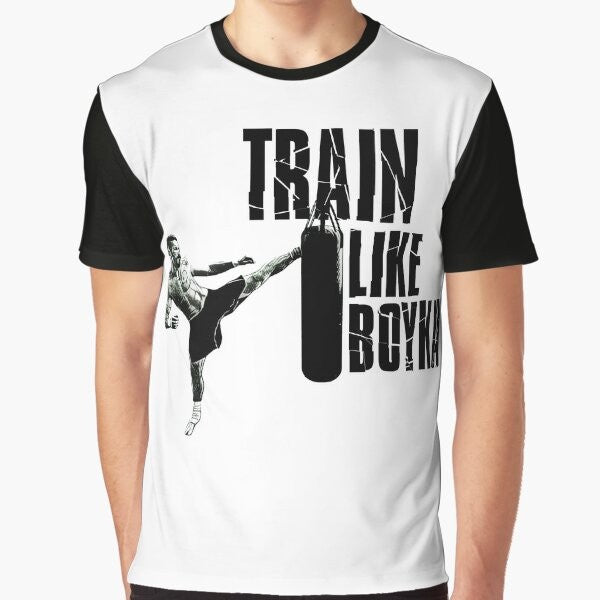 Yuri Boyka inspired graphic t-shirt with text "Train like Boyka" for hardcore training and fitness enthusiasts.