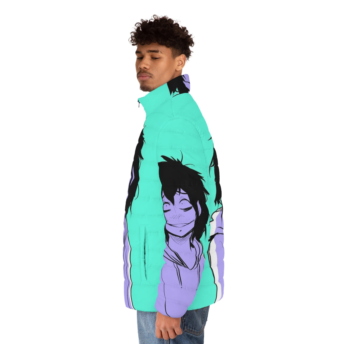 "Spooky Jeff the Killer inspired puffer jacket, perfect for horror fans" - men side left