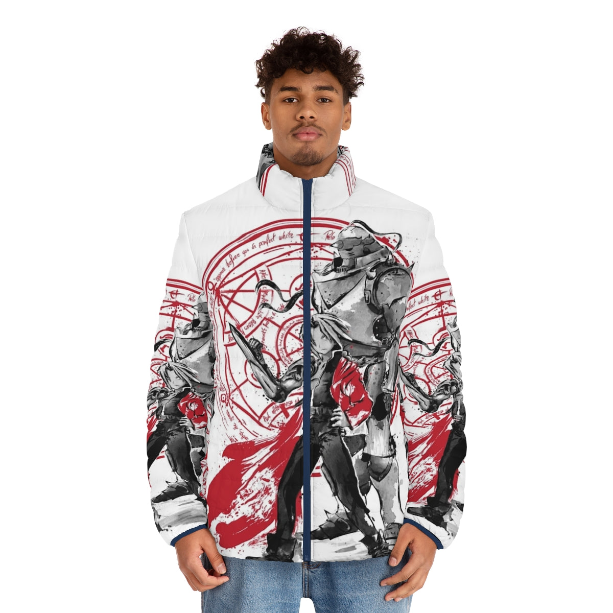 Sumi E inspired puffer jacket featuring Fullmetal Alchemist characters - men front