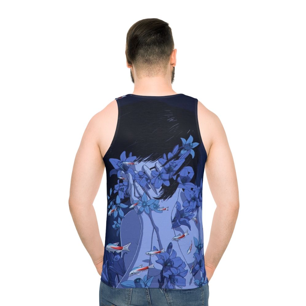 Retro anime-inspired unisex blue tank top - men back